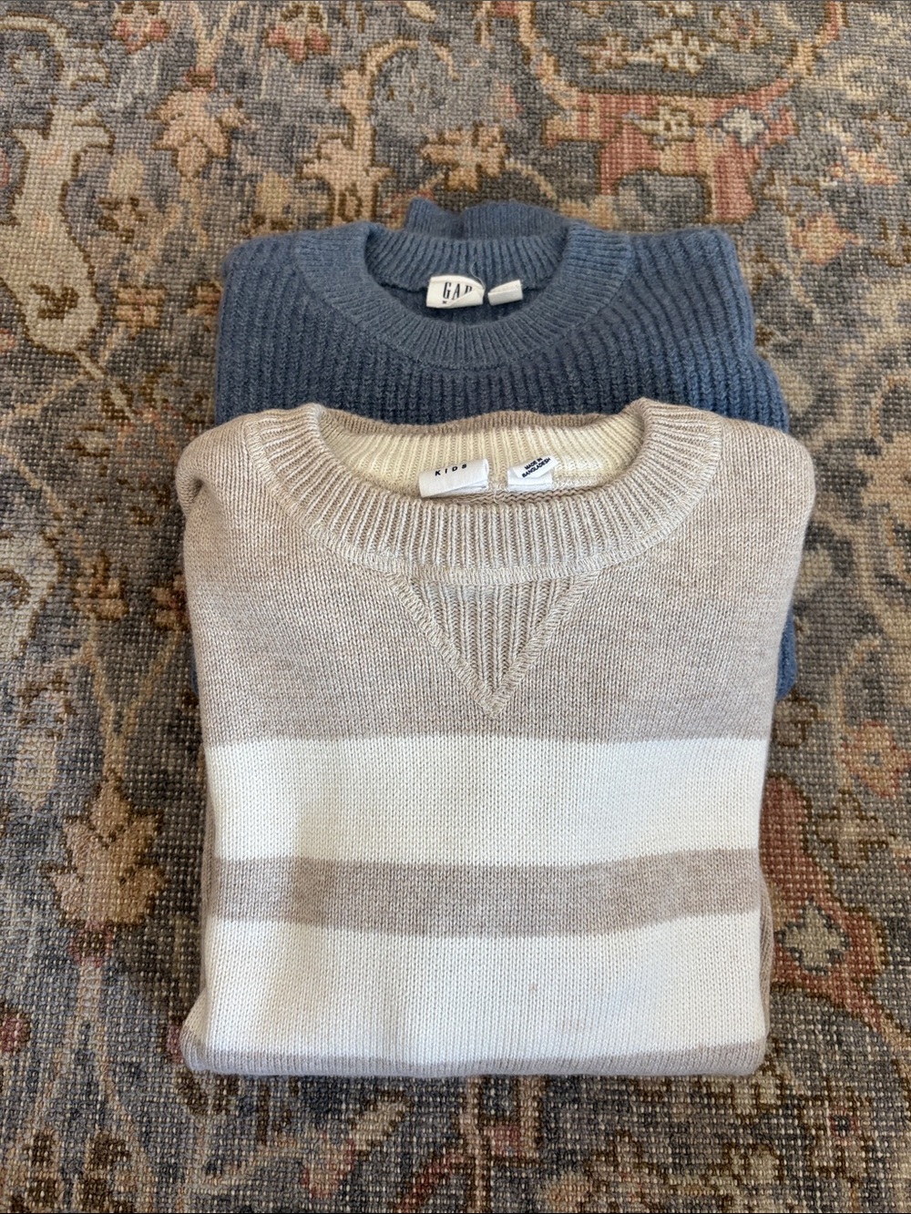 GAP Men's Navy Crewneck & Cream-Tan Striped Sweater Duo